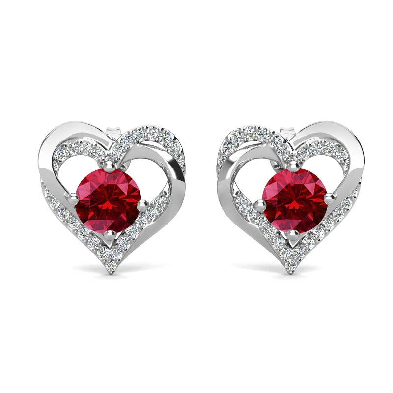 Simple Crystal Earrings-Forever January Birthstone Diamond 18k White Gold Plated Silver Double Heart Earrings with Swarovski Crystals