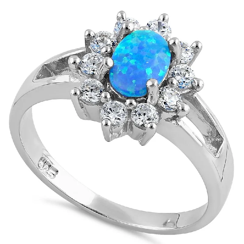 Large Statement Engagement Rings-Sterling Silver Blue Opal Oval Halo Ring