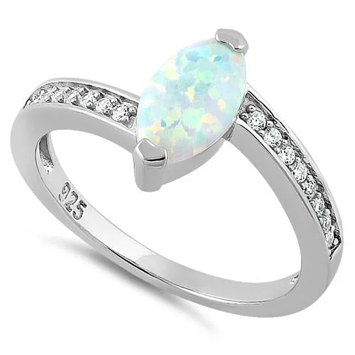 Engagement Rings with Colored Stones-Sterling Silver Stylish White Lab Opal Marquise Cut & Clear CZ Ring