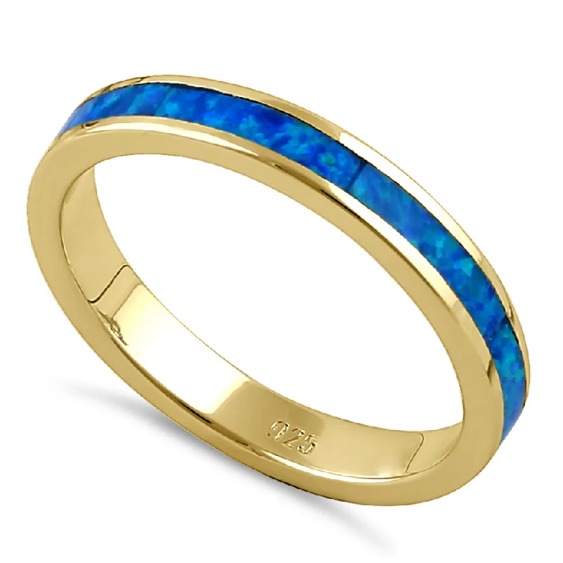 Custom Engraved Diamond Rings-Sterling Silver Gold Plated Blue Lab Opal Ring