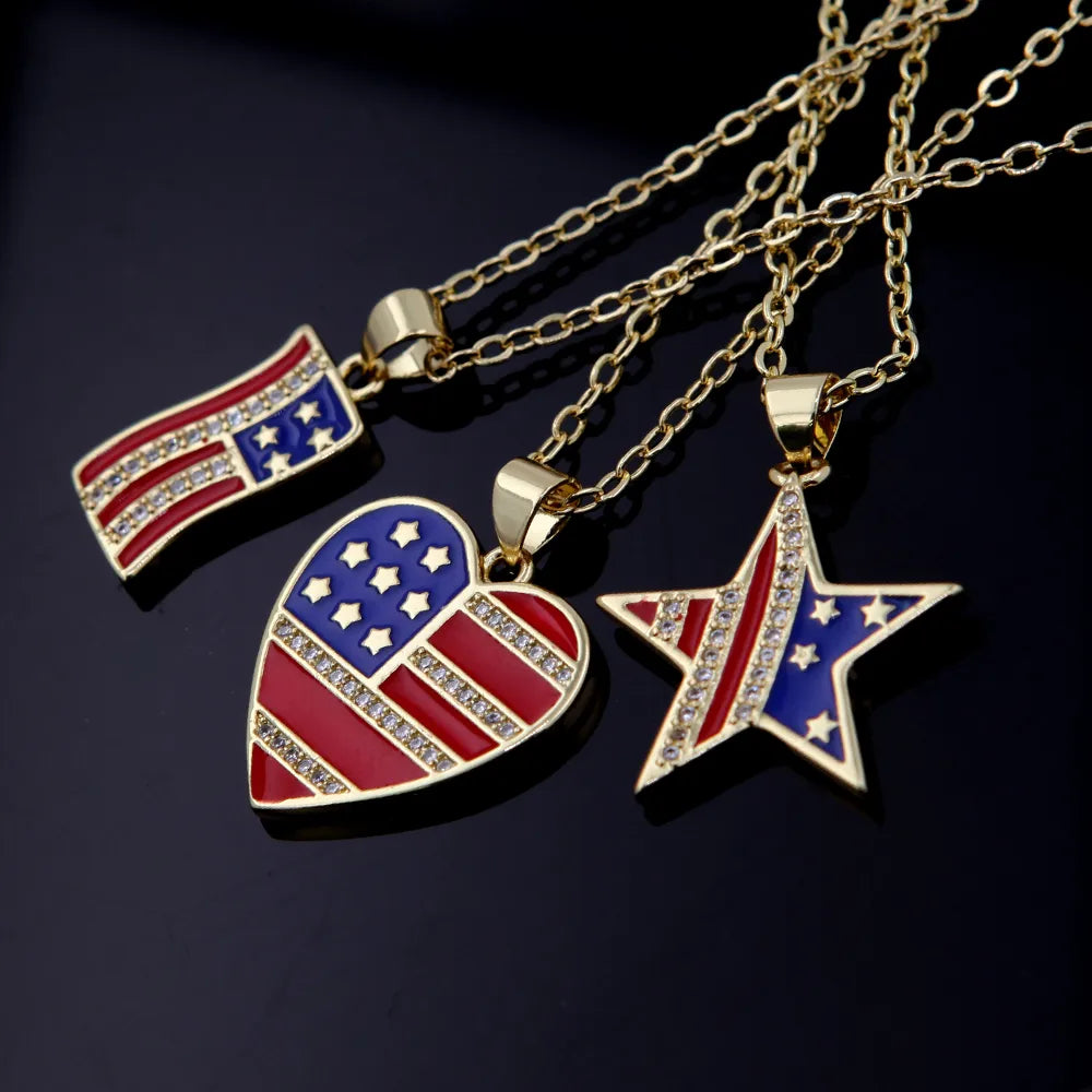 Swarovski Crystal Necklaces-Copper 18K Gold Plated Simple Style Classic Style Plating Inlay National Flag Star Heart Shape Zircon Pendant Necklace