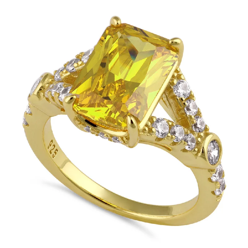 Luxury Wedding Sets-Sterling Silver Yellow Emerald-Cut CZ Ring