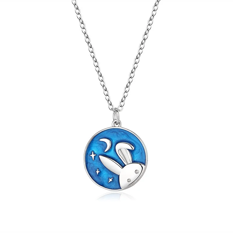 Silver Chain Necklaces-Cute Fashion Rabbit Star Moon Sterling Silver Epoxy Necklace