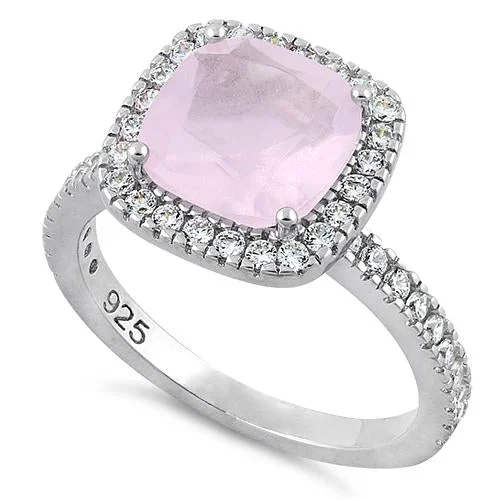 Designer Wedding Bands for Men-Sterling Silver Cushion-Cut Pink CZ Ring