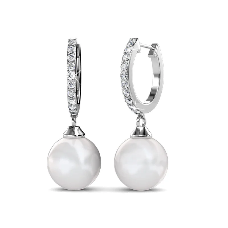 Gold Heart Earrings-Daphne 18K White Gold Plated Pearl Drop Earrings with Swarovski Crystals