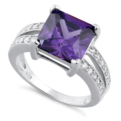 Matching Engagement Rings and Bands-Sterling Silver Amethyst Square CZ Ring