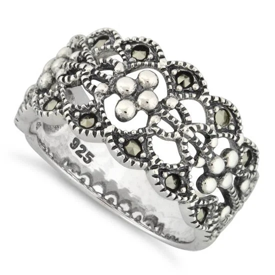 Personalized Stacking Wedding Rings-Sterling Silver Elegant Flower Marcasite Ring