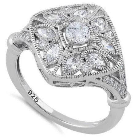 Engagement Rings for Men-Sterling Silver Blooming Flower Round Cut Clear CZ Ring