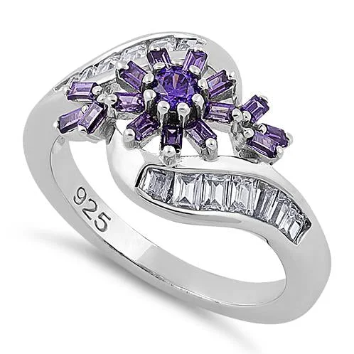 Gold Wedding Ring Sets-Sterling Silver Blooming Flower Amethyst CZ Ring