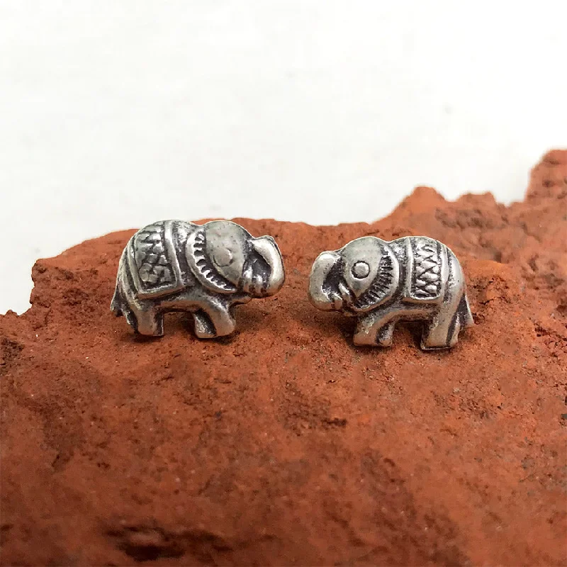 Cute Gold Earrings-Hill Tribe Elephant Studs - Sterling Silver, Thailand