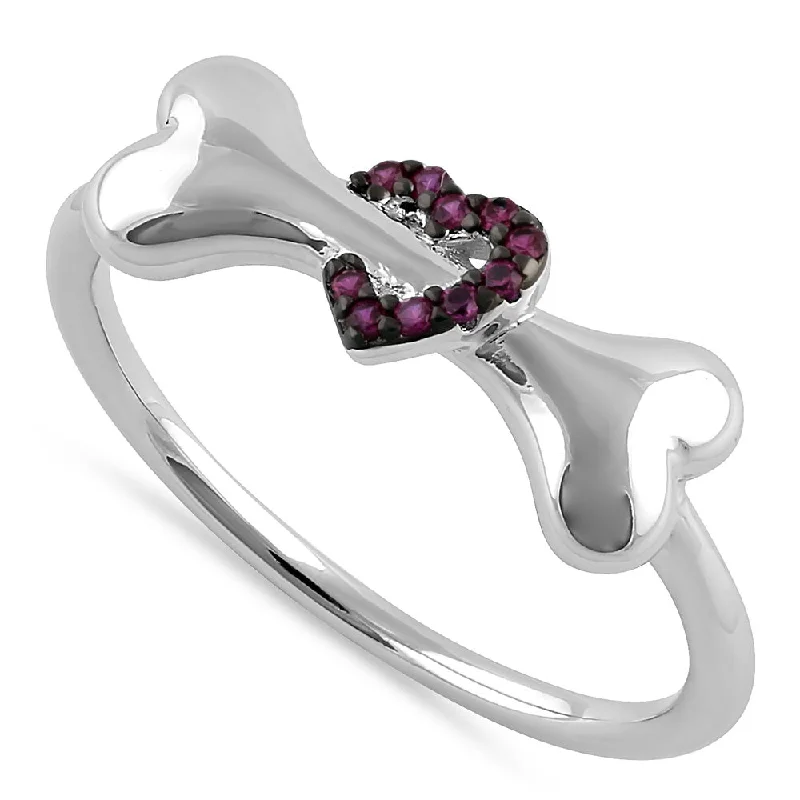 Crystal Wedding Rings-Sterling Silver Dog Bone & Heart Round Cut Ruby CZ Ring