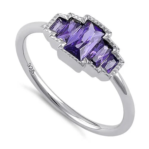 Art Deco Rings-Sterling Silver Five Radiant Cut Amethyst CZ Ring