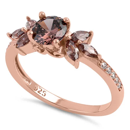 Simple Promise Wedding Rings-Sterling Silver Rose Gold Flower Leaves Brown CZ Ring