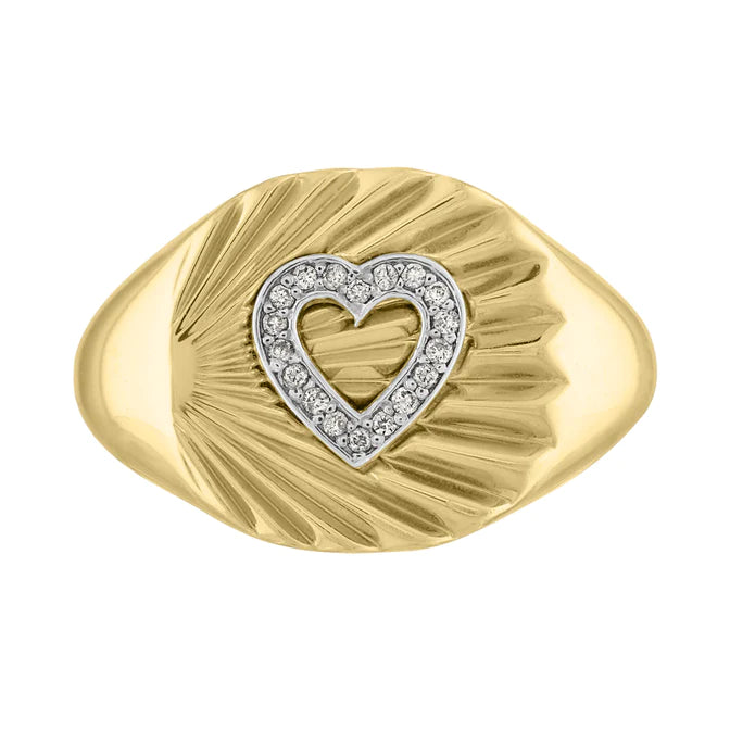 Rose Gold Engagement Rings-Heather Fluted Oval Signet Ring with Diamond Heart