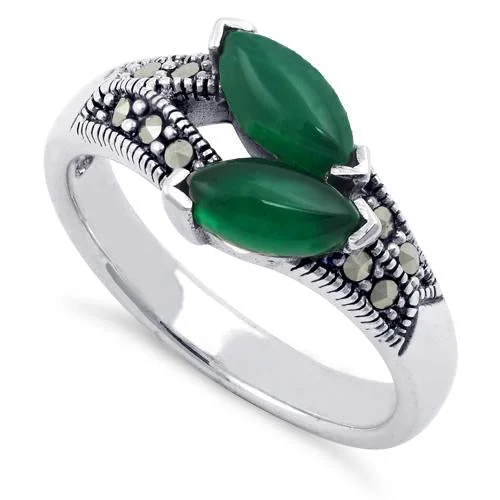 Designer Engagement Ring Sets-Sterling Silver Double Green Agate Seed Marcasite Ring