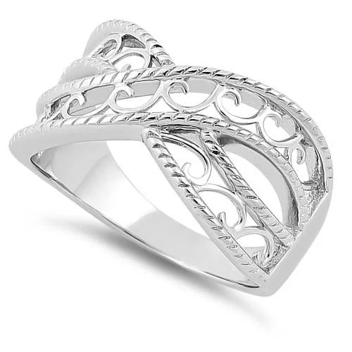 White Gold Wedding Sets-Sterling Silver Elegant Overlapping Waves Ring