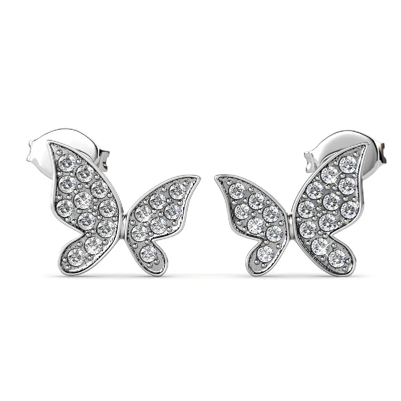 Triple Drop Earrings-Yuenen 18k White Gold Plated Silver Butterfly Stud Earrings with Swarovski Crystals