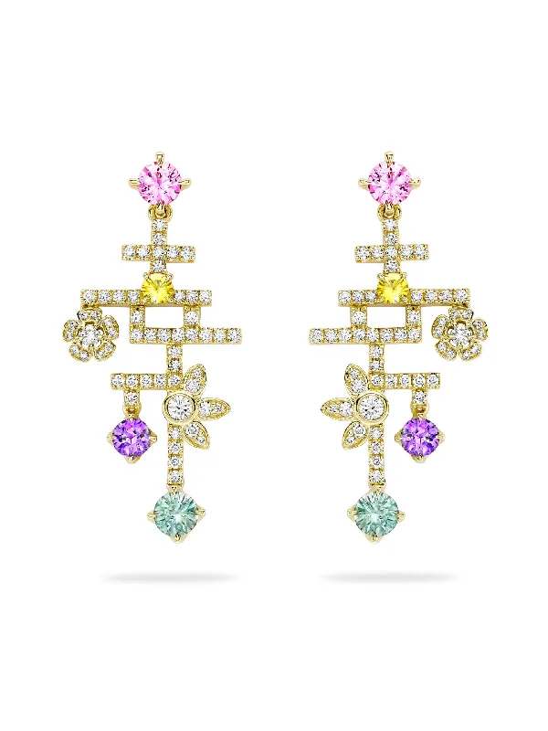 Pink Sapphire Earrings-Secret Garden Sapphire Diamond Yellow Gold Drop Earrings