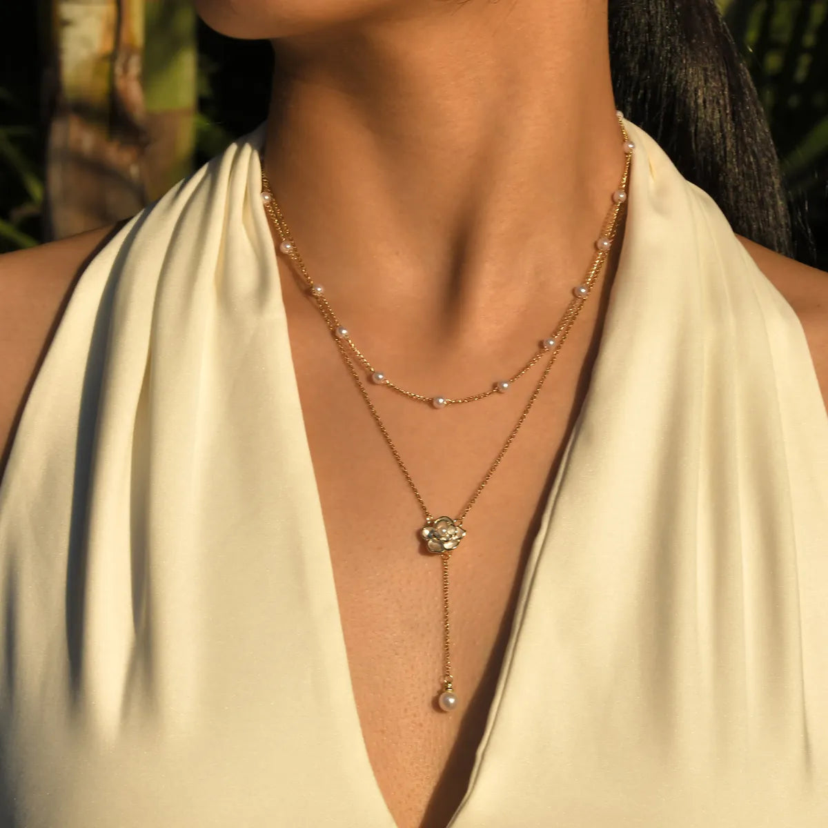 Custom Necklaces-Ig Style Elegant Solid Color Stainless Steel Plating Inlay Artificial Pearls 18k Gold Plated Double Layer Necklaces