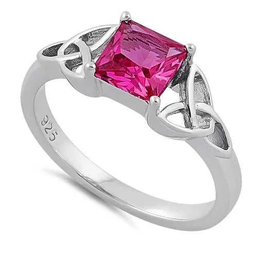 Unique Silver Rings-Sterling Silver Celtic Pink Princess Cut CZ Ring