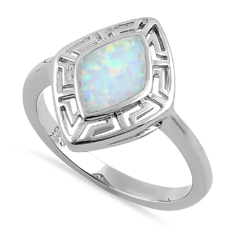 Custom Diamond Promise Rings-Sterling Silver White Lab Opal Greek Rhombus Ring