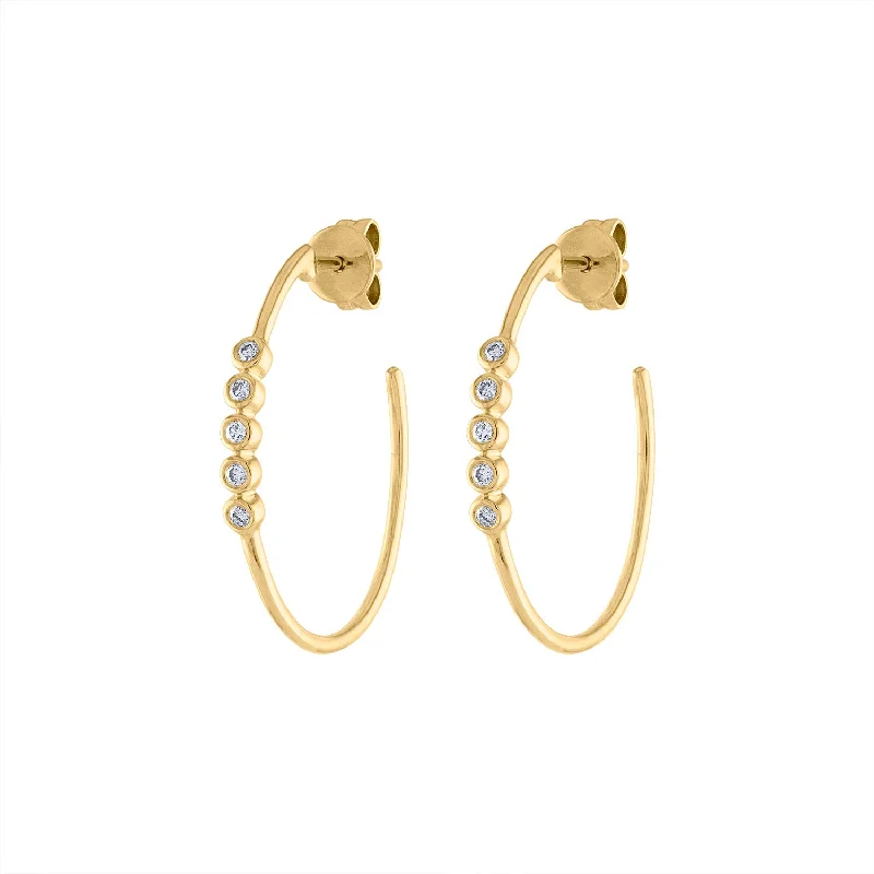 Simple Gold Earrings-14KT GOLD DIAMOND FIVE BEZEL SET SMALL HOOP EARRING