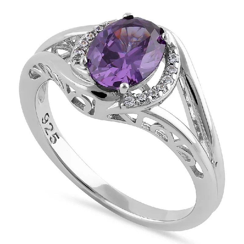 Vintage Sterling Silver Rings-Sterling Silver Purple CZ Halo Ring