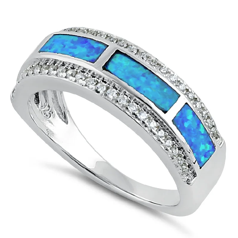 Custom Ring Sets for Couples-Sterling Silver Elegant Blue Lab Opal Clear CZ Band Ring