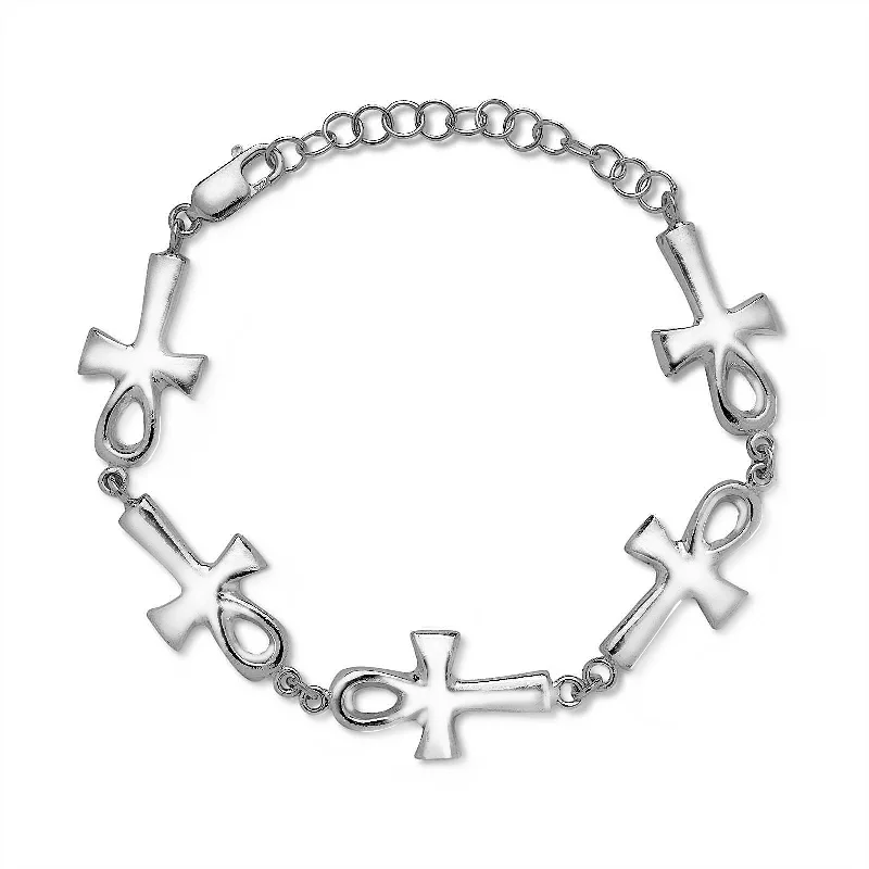 Luxury Diamond Bracelets for Men-Ankh Cross .925 Sterling Silver Adjustable Link Bracelet