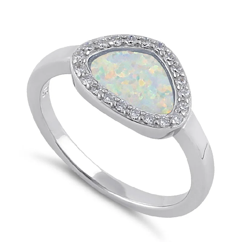 Gold Engagement Rings with Diamonds-Sterling Silver Offset White Lab Opal and Clear CZ Ring