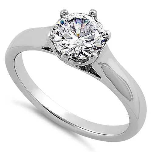 Simple Silver Wedding Rings-Sterling Silver Solitaire Round Clear CZ Engagement Ring