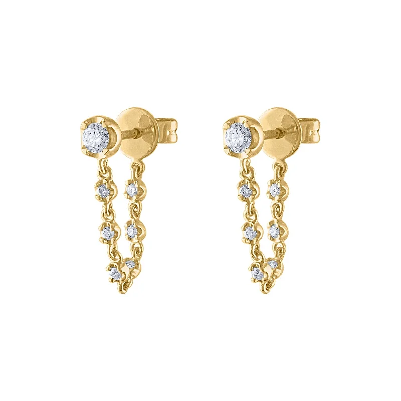 Gold Gemstone Stud Earrings-14KT GOLD SEVEN PRONG DIAMOND CHAIN EARRING