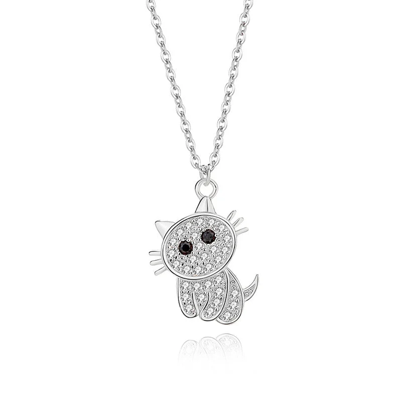 Bohemian Necklaces-Cute Cat Sterling Silver Polishing Plating Inlay Zircon Pendant Necklace