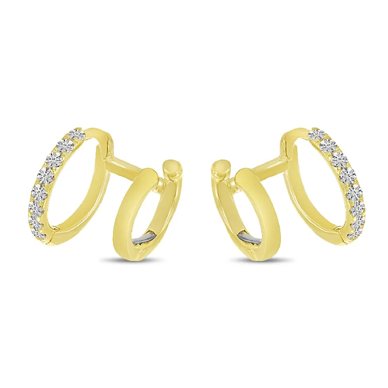 Simple Gold Earrings-14K Yellow Gold 0.24ct. Diamond Double Hoop Huggie Earrings