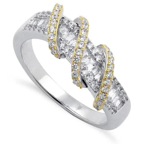 Modern Diamond Rings-Sterling Silver Gold Plated Exotic Twisted CZ Ring