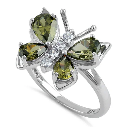 Mixed Metal Wedding Rings-Sterling Silver Large Peridot CZ Butterfly Ring