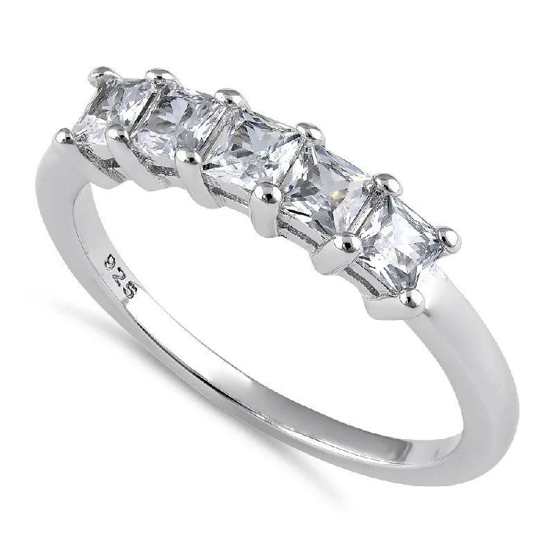 Classic Silver Wedding Rings-Sterling Silver Quintuple Princess Cut CZ Ring