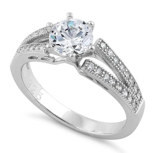 Custom Ring Engravings-Sterling Silver Double V Engagement Clear CZ Ring