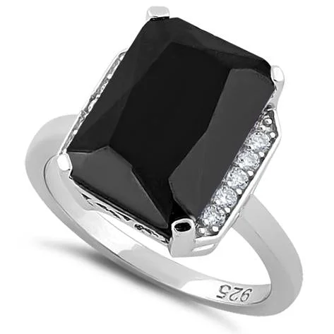 Custom Diamond Wedding Rings-Sterling Silver Black Radiant Cut CZ Ring