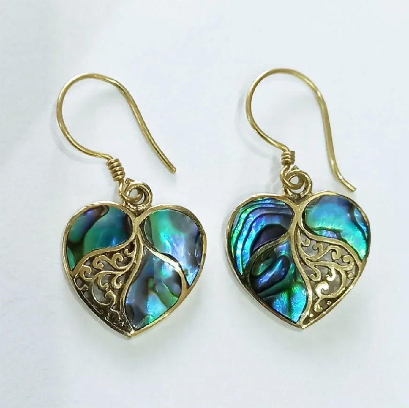 Dainty Earrings-Abalone Heart Earrings - Brass, Indonesia