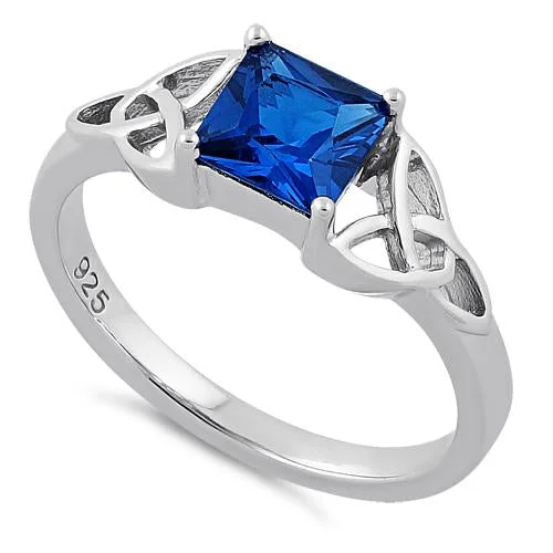 Modern Diamond Rings-Sterling Silver Celtic Blue Spinel Princess Cut CZ Ring