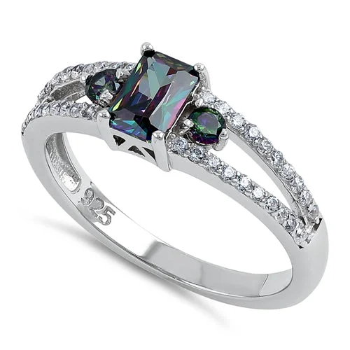 Women’s Wedding Bands with Diamonds-Sterling Silver Rainbow Radiant CZ Ring