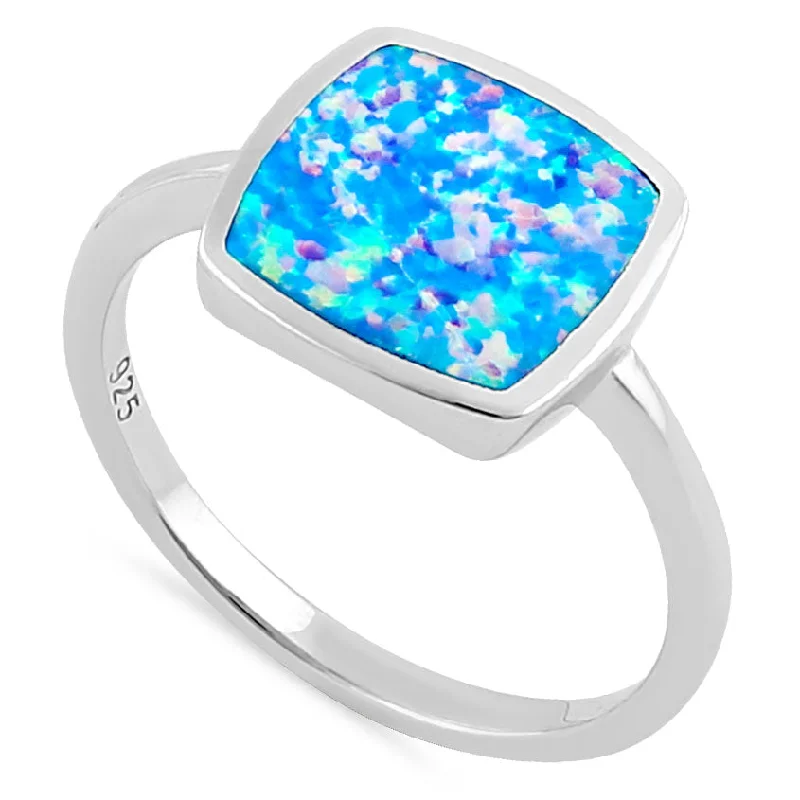 Custom Ring Engravings-Sterling Silver Square Blue Lavender Lab Opal Ring