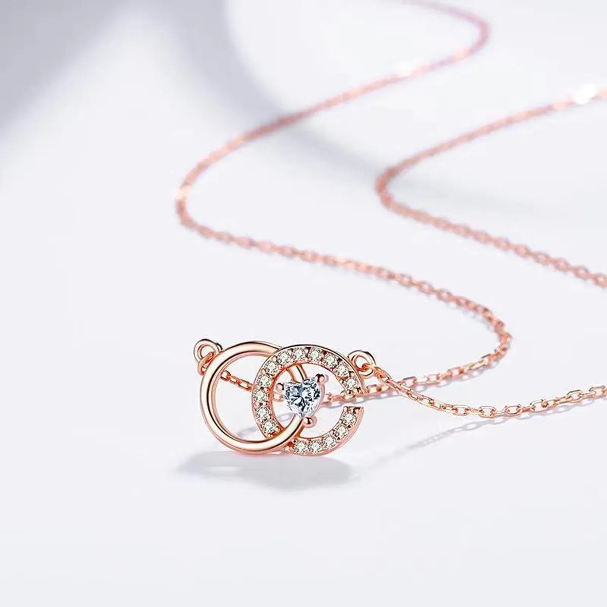 Silk Thread Necklaces-Elegant Double Ring Sterling Silver Zircon Pendant Necklace In Bulk