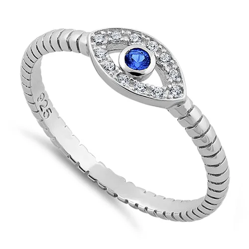 Elegant Engagement Rings-Sterling Silver Blue Stone Evil Eye CZ Ring