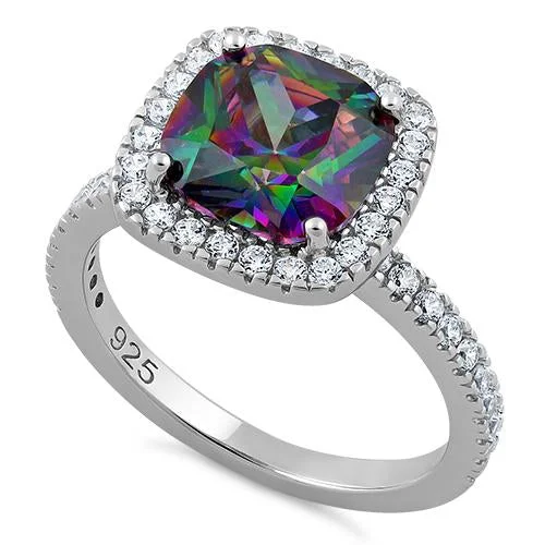 Handmade Engagement Rings-Sterling Silver Cushion Cut Rainbow CZ Ring