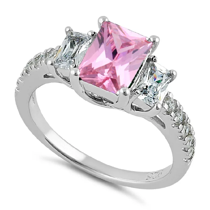 Custom Diamond Wedding Rings-Sterling Silver Rectangular Pink CZ Ring