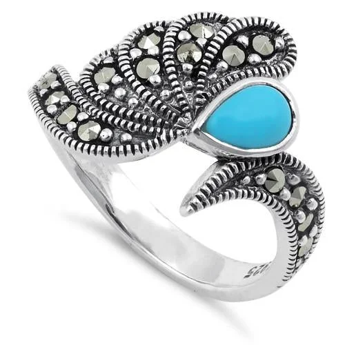 Designer Engagement Bands-Sterling Silver Simulated Turquoise Water Drop Marcasite Ring