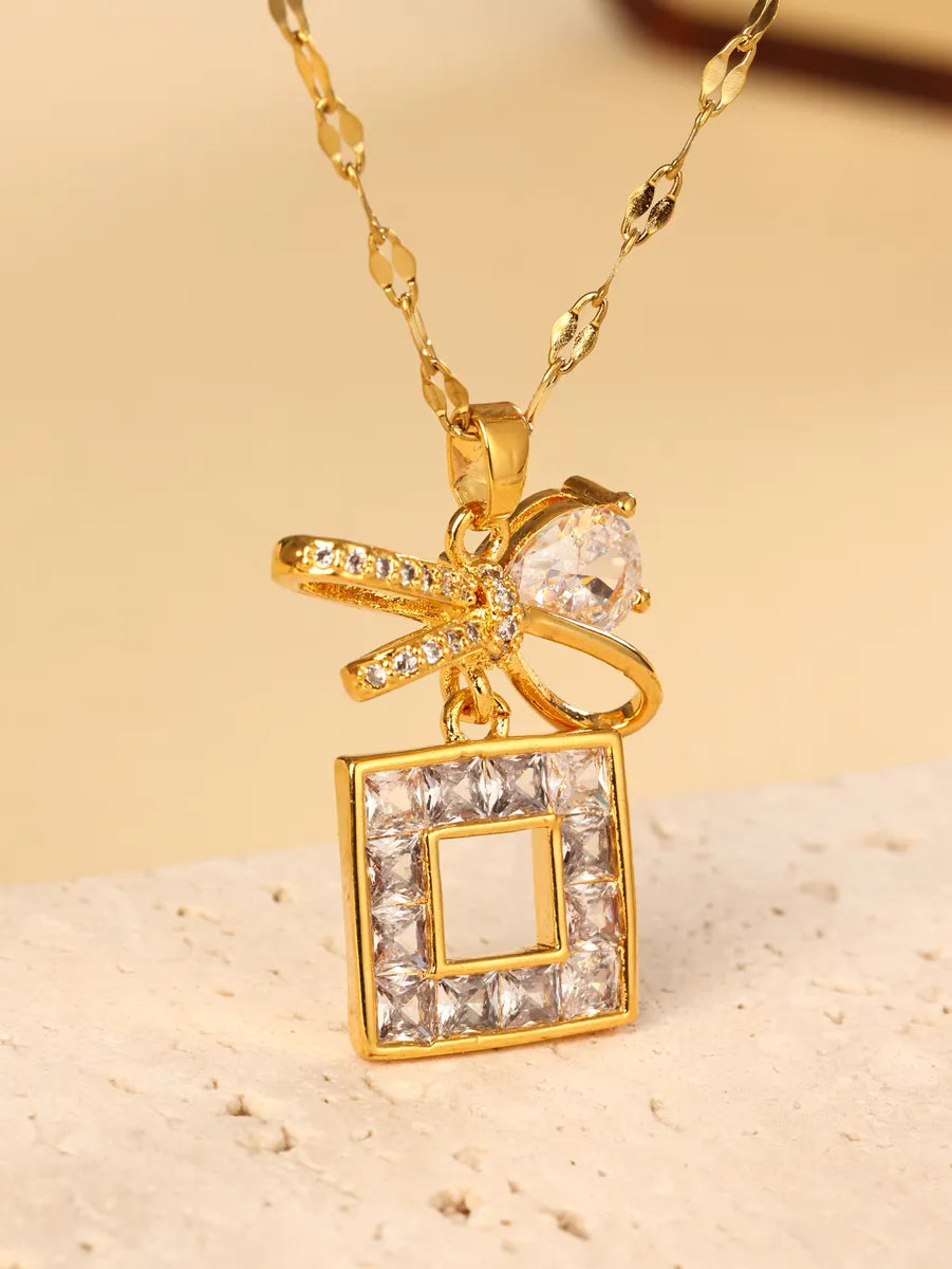 Natural Stone Necklaces-Stainless Steel 18K Gold Plated Elegant Bow Knot Rectangle Hollow Out Inlay Zircon Pendant Necklace