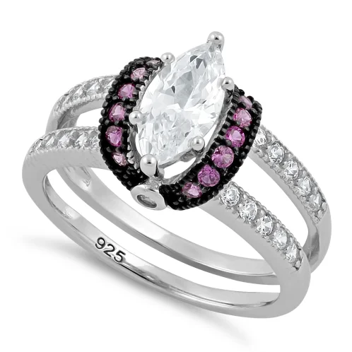 Fashionable Cocktail Rings-Sterling Silver Clear Marquise Ruby CZ Black Plating Ring